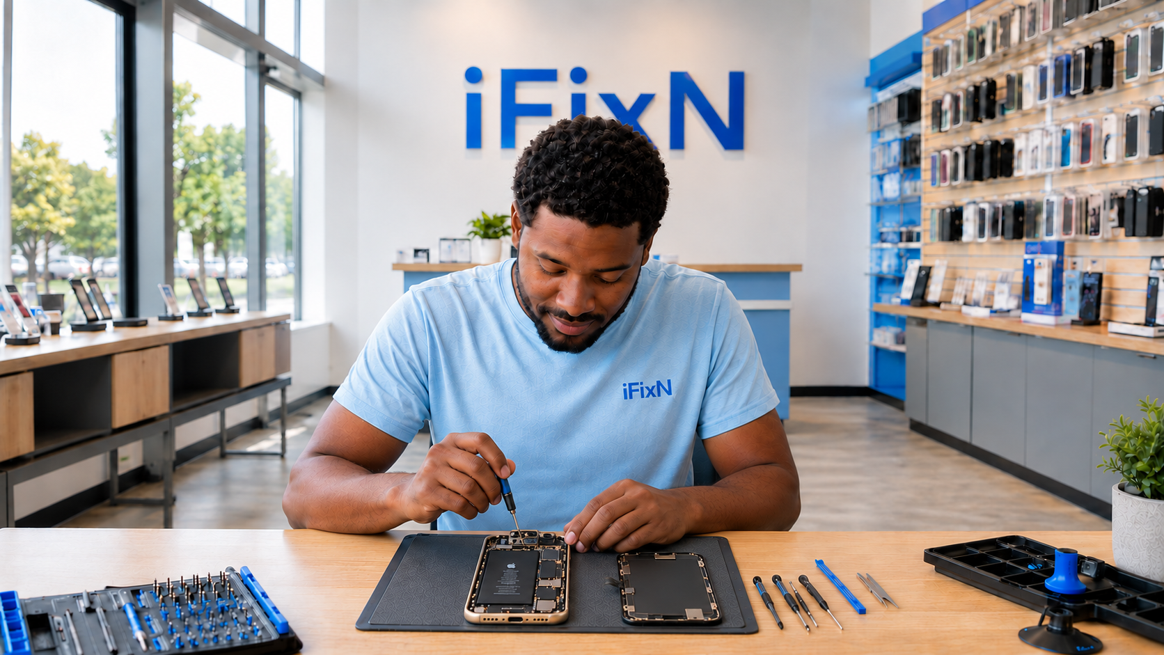 iFixN technician carefully repairing an open phone with its display safely detached